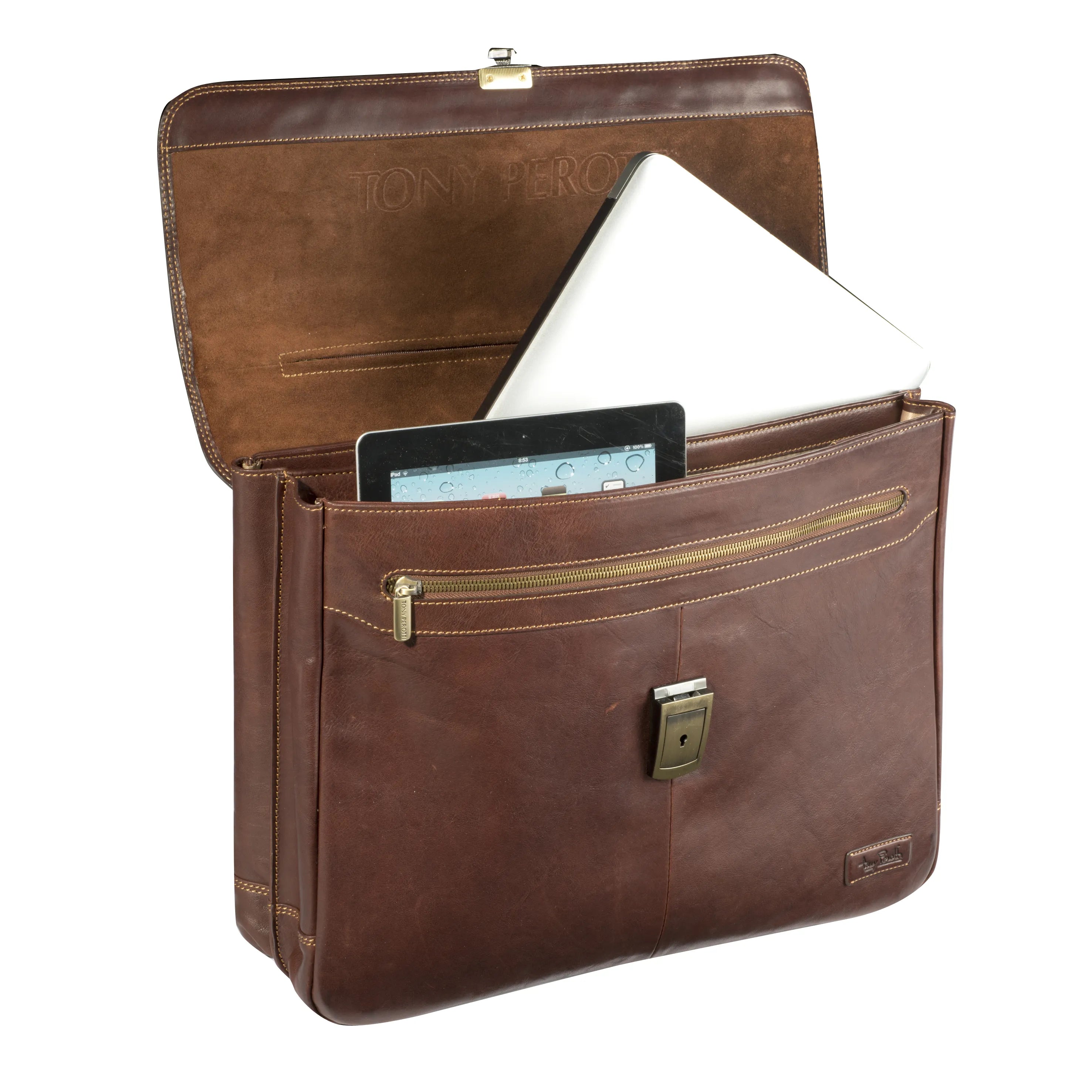 Tony Perotti 2 Compartment Laptop Bag with Flap and Key Lock, Dark Brown